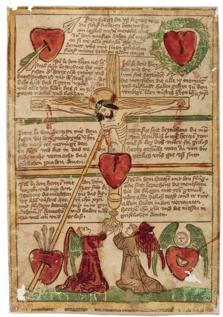 “THE FIVE HEARTS OF DIVINE LOVE WITH CHRIST CRUCIFIED” FIFTEENTH CENTURY, GERMANY, WOOD-CUT